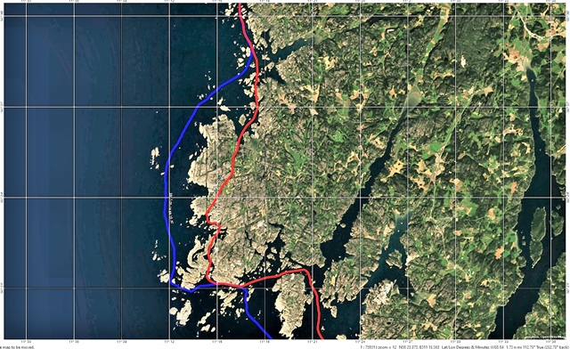  Blauw 2017: De route buitenom. Rood 2019: beter beschermd tegen vervelende golven 